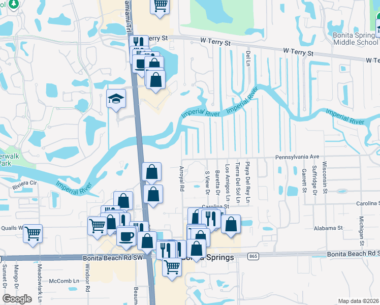 map of restaurants, bars, coffee shops, grocery stores, and more near 27305 Buccaneer Drive in Bonita Springs