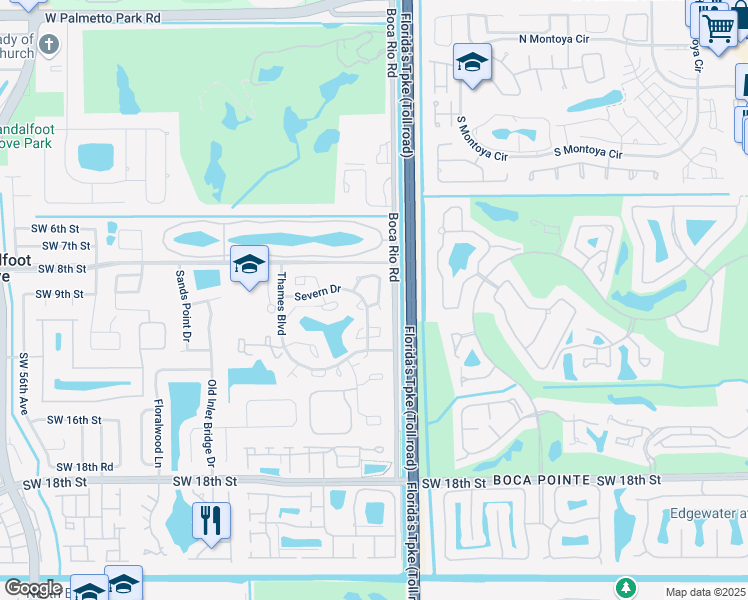 map of restaurants, bars, coffee shops, grocery stores, and more near 8201 Severn Drive in Boca Raton