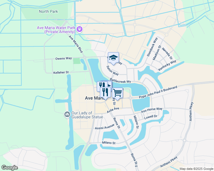 map of restaurants, bars, coffee shops, grocery stores, and more near 5025 Seton Street in Ave Maria