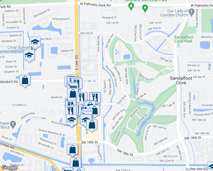 map of restaurants, bars, coffee shops, grocery stores, and more near 22722 Family Circle in Boca Raton
