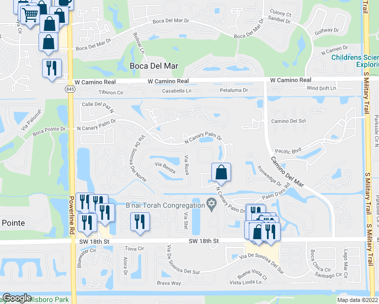 map of restaurants, bars, coffee shops, grocery stores, and more near 6454 Via Rosa in Boca Raton