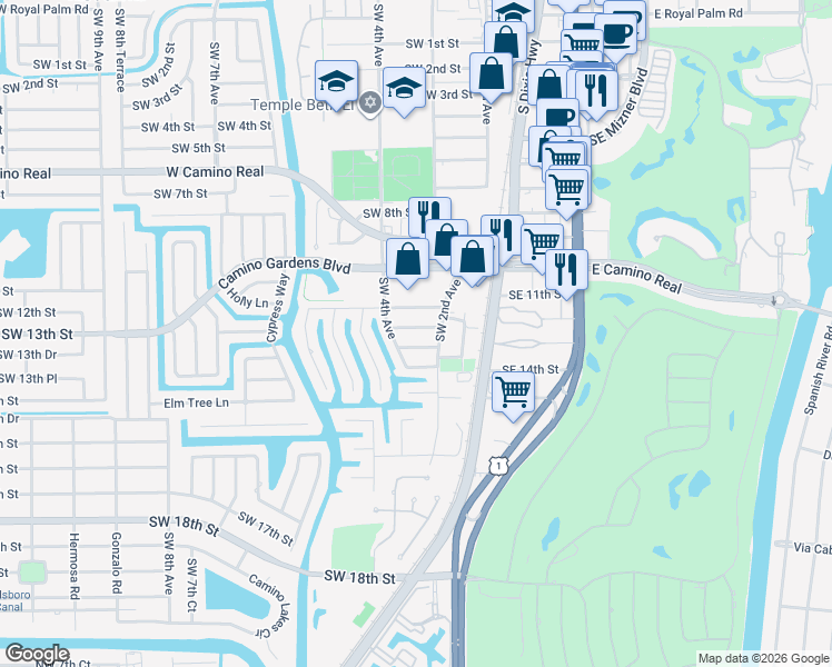 map of restaurants, bars, coffee shops, grocery stores, and more near 300 Southwest 12th Street in Boca Raton
