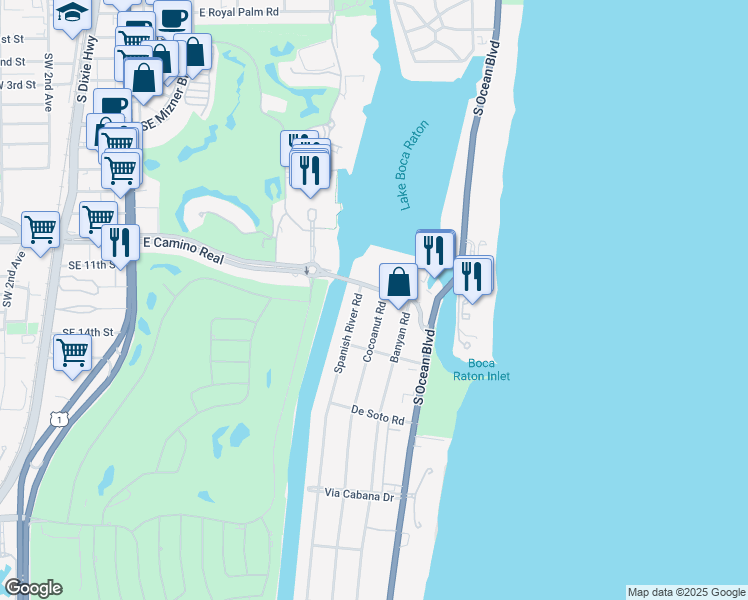 map of restaurants, bars, coffee shops, grocery stores, and more near 770 East Camino Real in Boca Raton