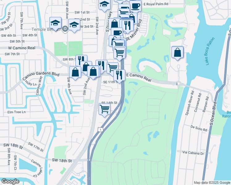 map of restaurants, bars, coffee shops, grocery stores, and more near 1251 South Federal Highway in Boca Raton