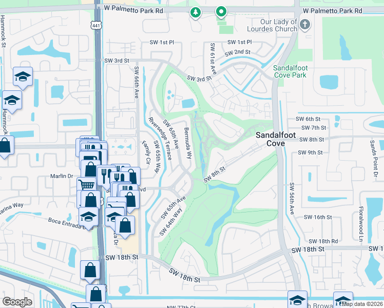 map of restaurants, bars, coffee shops, grocery stores, and more near 22719 Southwest 64th Way in Boca Raton