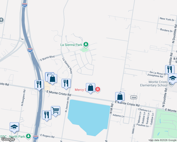 map of restaurants, bars, coffee shops, grocery stores, and more near 1929 Majella Street in Edinburg