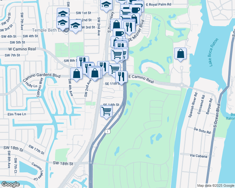 map of restaurants, bars, coffee shops, grocery stores, and more near 1251 South Federal Highway in Boca Raton