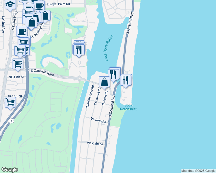map of restaurants, bars, coffee shops, grocery stores, and more near 980 East Camino Real in Boca Raton