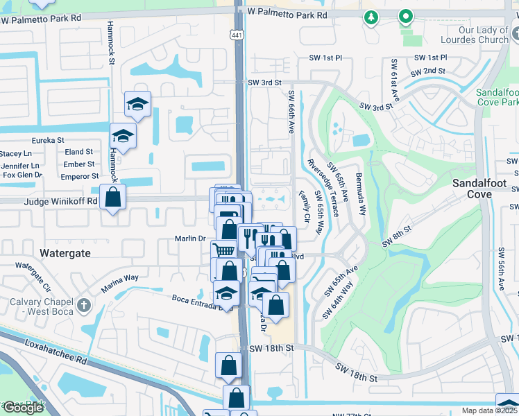 map of restaurants, bars, coffee shops, grocery stores, and more near 9943 Three Lakes Circle in Boca Raton