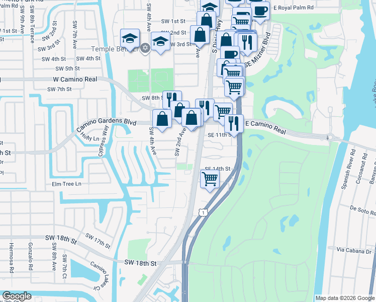 map of restaurants, bars, coffee shops, grocery stores, and more near 1231 Southwest 1st Avenue in Boca Raton