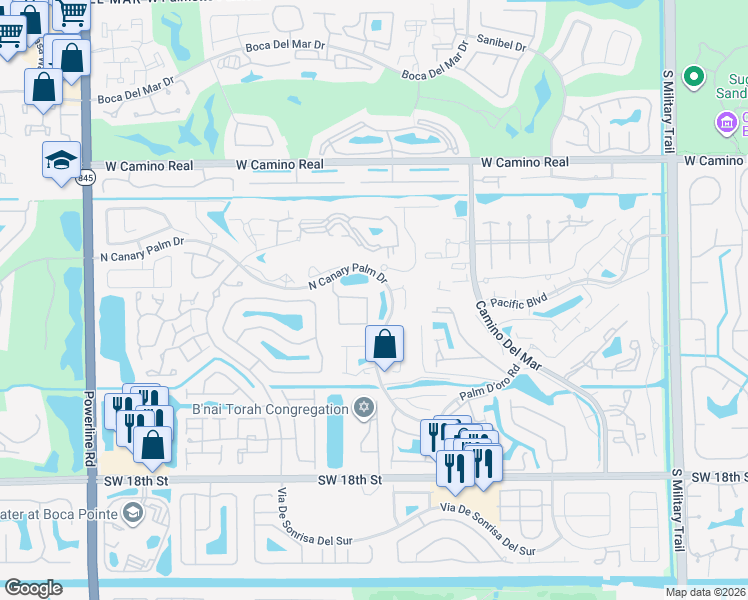map of restaurants, bars, coffee shops, grocery stores, and more near 22781 Marbella Circle in Boca Raton