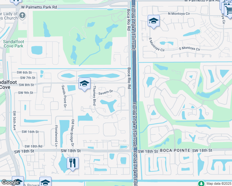 map of restaurants, bars, coffee shops, grocery stores, and more near 8200 Severn Drive in Boca Raton