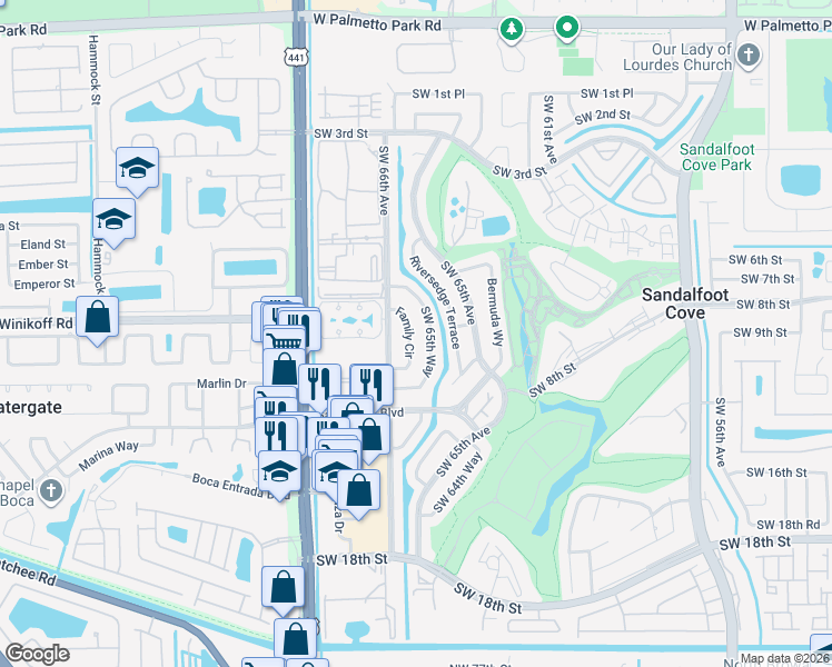 map of restaurants, bars, coffee shops, grocery stores, and more near 22722 Family Circle in Boca Raton
