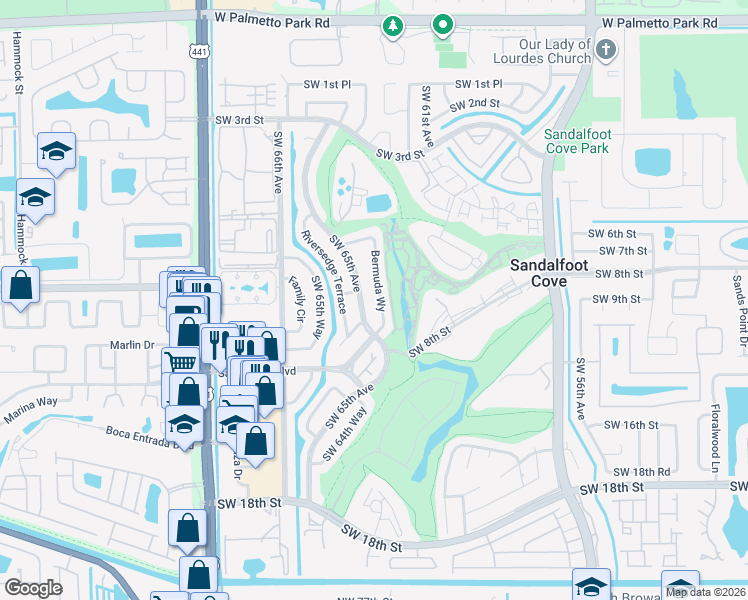 map of restaurants, bars, coffee shops, grocery stores, and more near 22719 Southwest 64th Way in Boca Raton