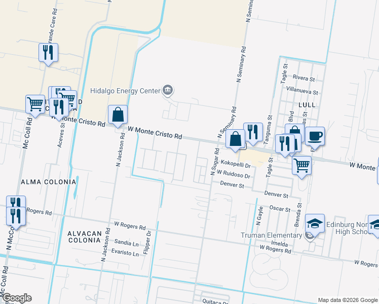 map of restaurants, bars, coffee shops, grocery stores, and more near 3504 Dunes Drive in Edinburg