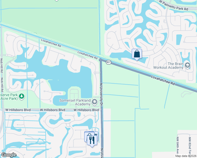map of restaurants, bars, coffee shops, grocery stores, and more near 8630 Miralago Way in Parkland