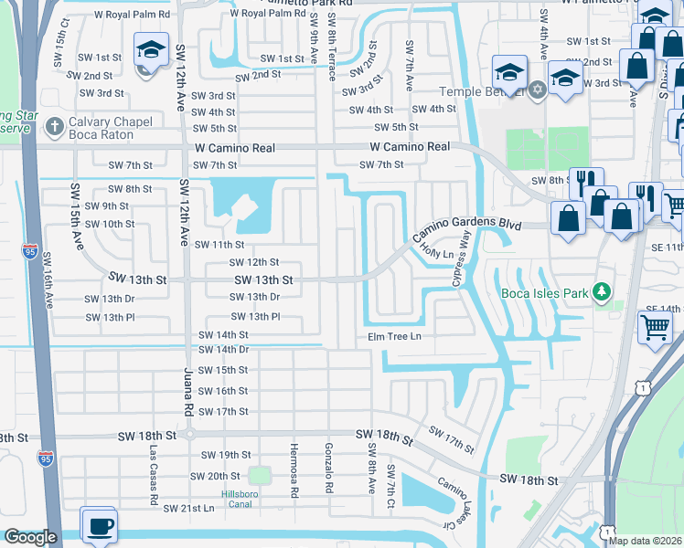 map of restaurants, bars, coffee shops, grocery stores, and more near 1301 Tamarind Way in Boca Raton
