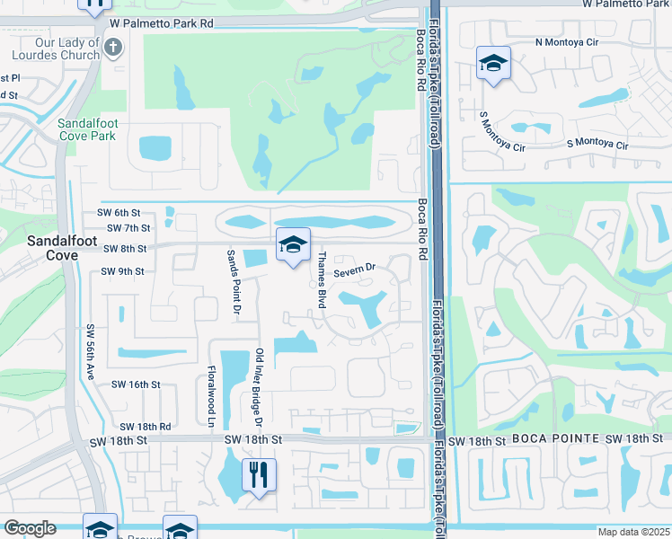 map of restaurants, bars, coffee shops, grocery stores, and more near 8285 Thames Boulevard in Boca Raton