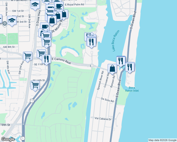 map of restaurants, bars, coffee shops, grocery stores, and more near 1159 Royal Palm Way in Boca Raton