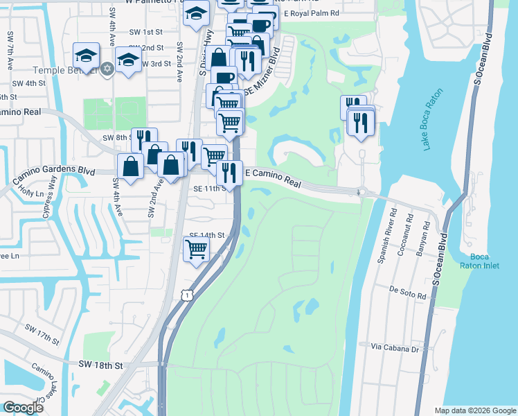 map of restaurants, bars, coffee shops, grocery stores, and more near 1301 Thatch Palm Drive in Boca Raton