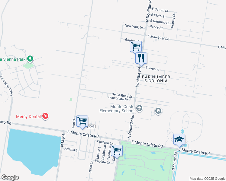 map of restaurants, bars, coffee shops, grocery stores, and more near 711 East de la Rosa Drive in Edinburg