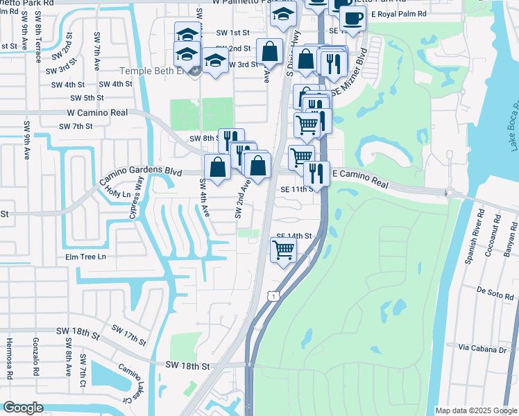 map of restaurants, bars, coffee shops, grocery stores, and more near 15 Southeast 13th Street in Boca Raton