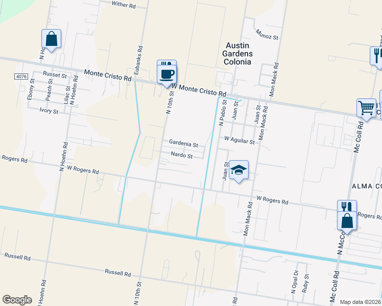 map of restaurants, bars, coffee shops, grocery stores, and more near 5610 Nardo Street in Edinburg