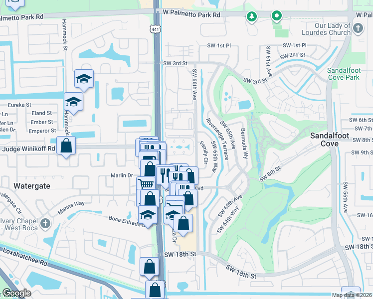 map of restaurants, bars, coffee shops, grocery stores, and more near 22715 Southwest 66th Avenue in Boca Raton