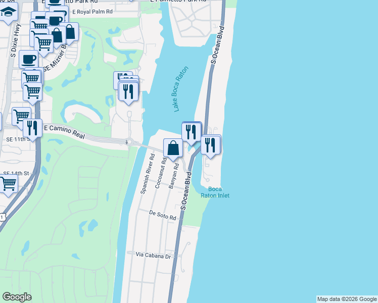 map of restaurants, bars, coffee shops, grocery stores, and more near 911 South Ocean Boulevard in Boca Raton
