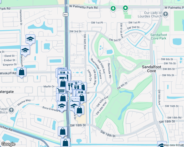 map of restaurants, bars, coffee shops, grocery stores, and more near 22722 Family Circle in Boca Raton