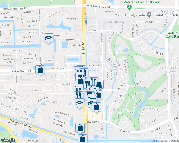 map of restaurants, bars, coffee shops, grocery stores, and more near 9943 Three Lakes Circle in Boca Raton