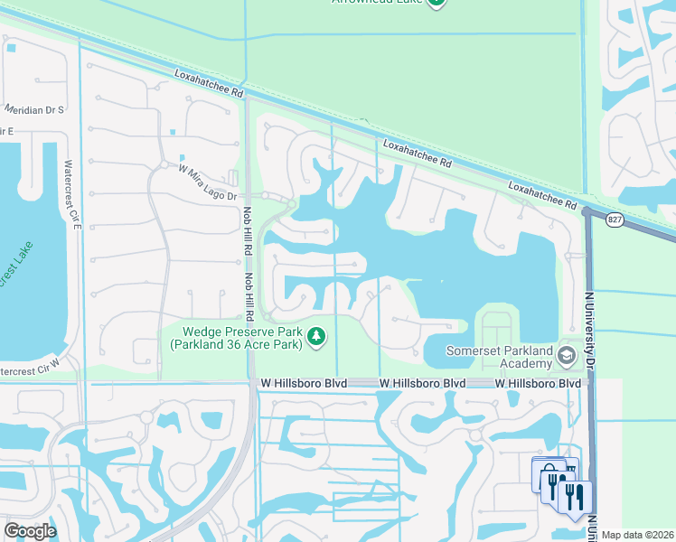 map of restaurants, bars, coffee shops, grocery stores, and more near 10180 Lake Vista Court in Parkland