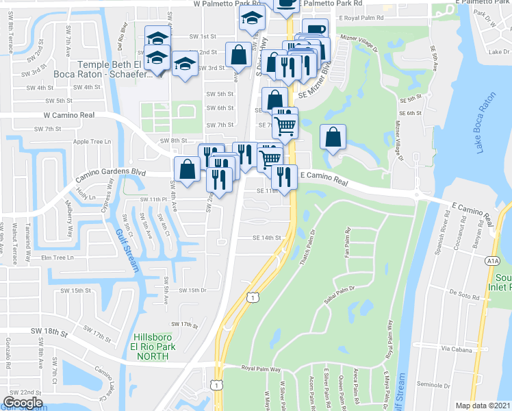 map of restaurants, bars, coffee shops, grocery stores, and more near 40 Southeast 13th Street in Boca Raton