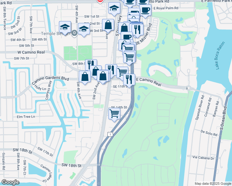 map of restaurants, bars, coffee shops, grocery stores, and more near 50 Southeast 12th Street in Boca Raton