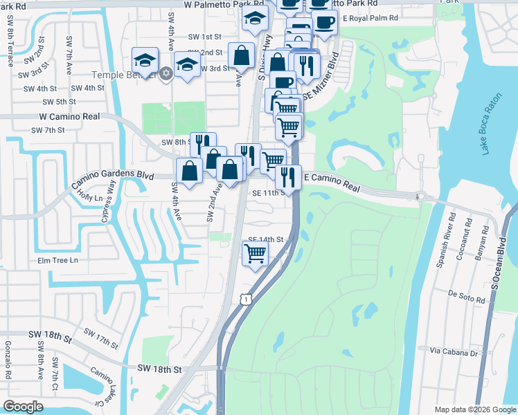 map of restaurants, bars, coffee shops, grocery stores, and more near 40 Southeast 13th Street in Boca Raton