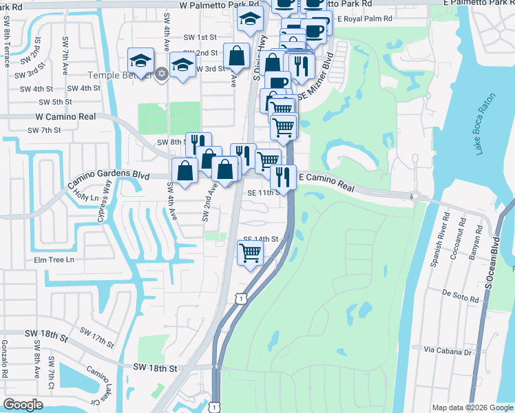 map of restaurants, bars, coffee shops, grocery stores, and more near 40 Southeast 13th Street in Boca Raton