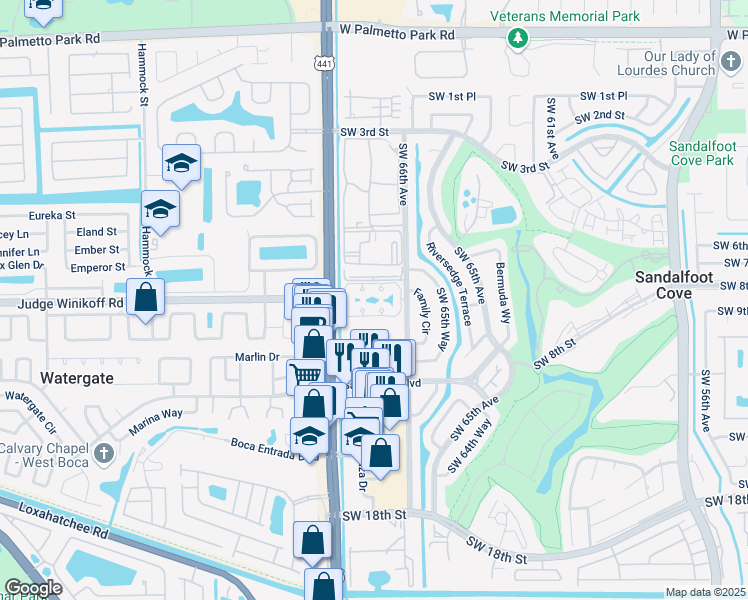 map of restaurants, bars, coffee shops, grocery stores, and more near 9941 Three Lakes Circle in Boca Raton