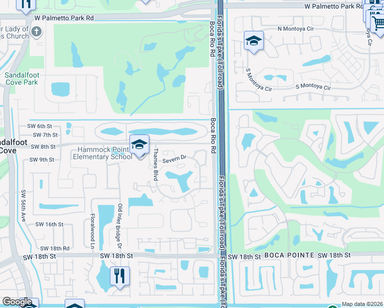 map of restaurants, bars, coffee shops, grocery stores, and more near 8200 Severn Drive in Boca Raton