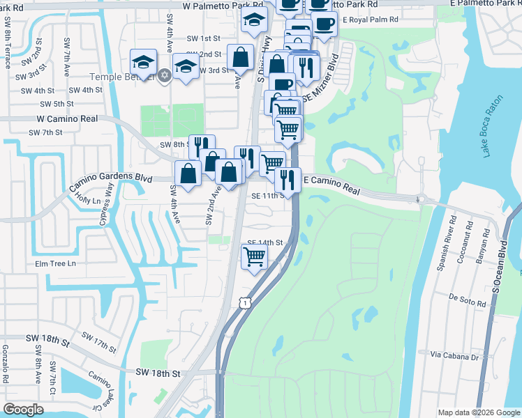map of restaurants, bars, coffee shops, grocery stores, and more near 40 Southeast 13th Street in Boca Raton