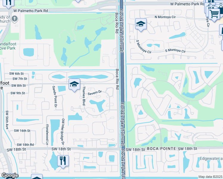 map of restaurants, bars, coffee shops, grocery stores, and more near 8201 Severn Drive in Boca Raton