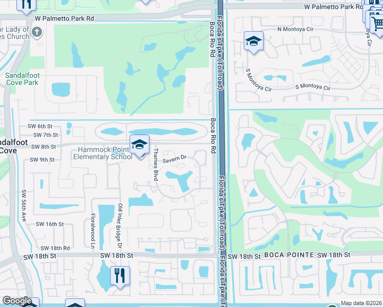 map of restaurants, bars, coffee shops, grocery stores, and more near 8200 Severn Drive in Boca Raton