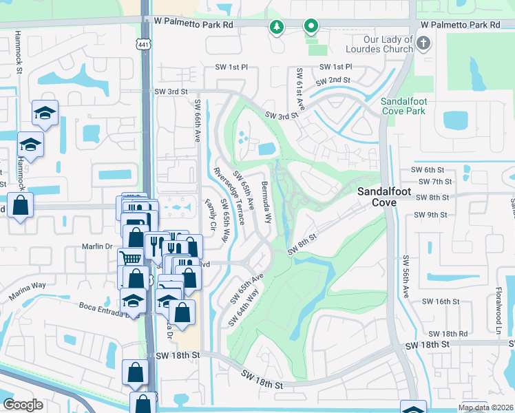map of restaurants, bars, coffee shops, grocery stores, and more near 22719 Southwest 64th Way in Boca Raton
