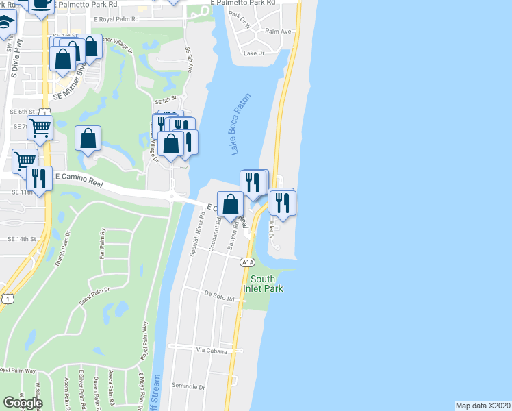 map of restaurants, bars, coffee shops, grocery stores, and more near 999 East Camino Real in Boca Raton