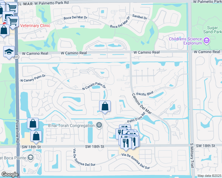 map of restaurants, bars, coffee shops, grocery stores, and more near 22750 Pinewood Court in Boca Raton