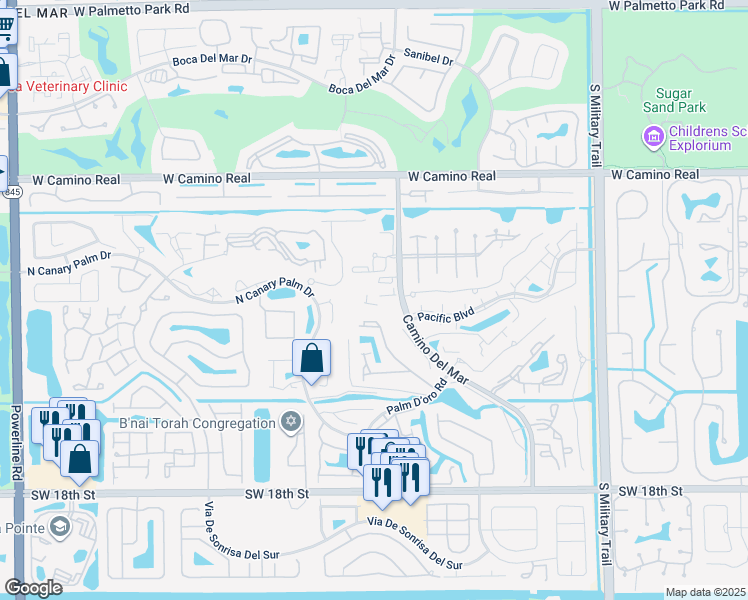 map of restaurants, bars, coffee shops, grocery stores, and more near 22715 Camino Del Mar in Boca Raton