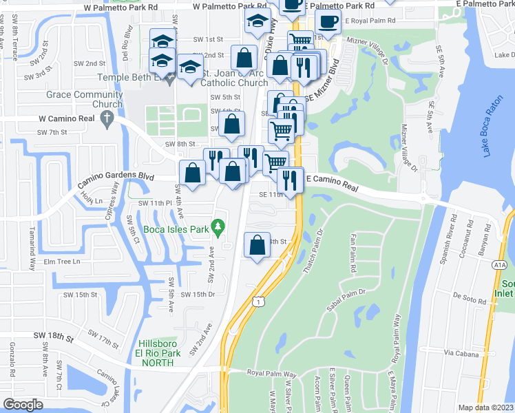 map of restaurants, bars, coffee shops, grocery stores, and more near 2 East Camino Real in Boca Raton
