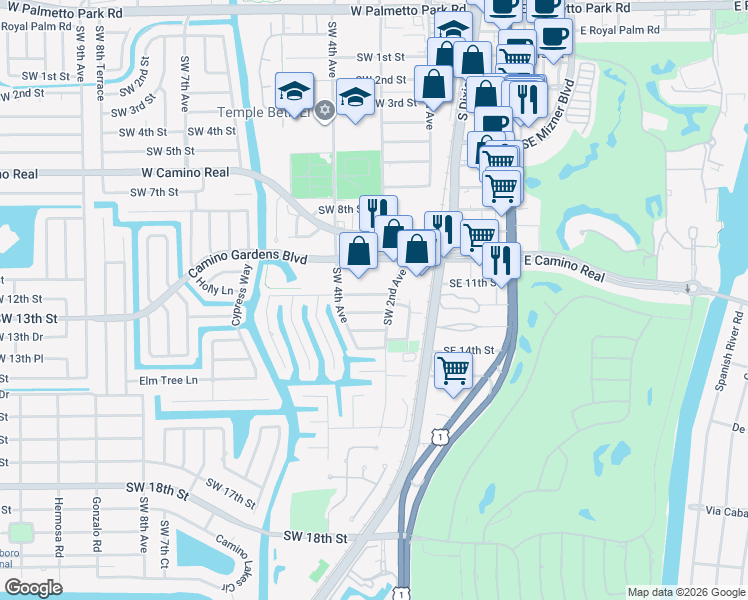 map of restaurants, bars, coffee shops, grocery stores, and more near 256 Southwest 11th Place in Boca Raton