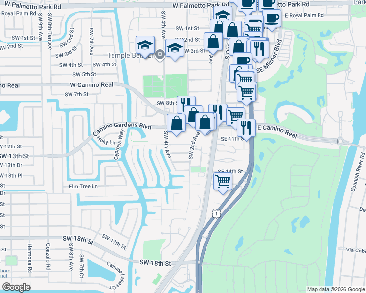 map of restaurants, bars, coffee shops, grocery stores, and more near 370w Camino Gardens Boulevard in Boca Raton