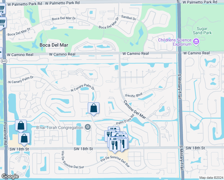 map of restaurants, bars, coffee shops, grocery stores, and more near 22689 Camino Del Mar in Boca Raton