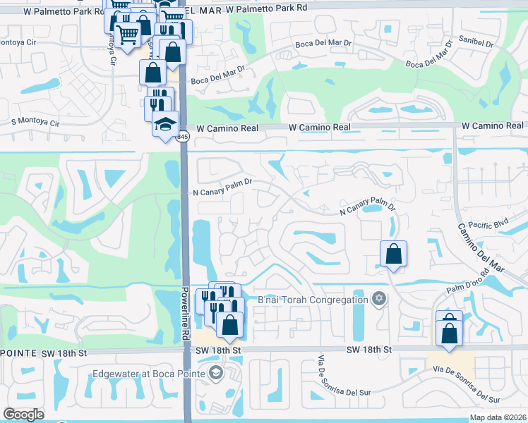 map of restaurants, bars, coffee shops, grocery stores, and more near 6732 Canary Palm Circle in Boca Raton